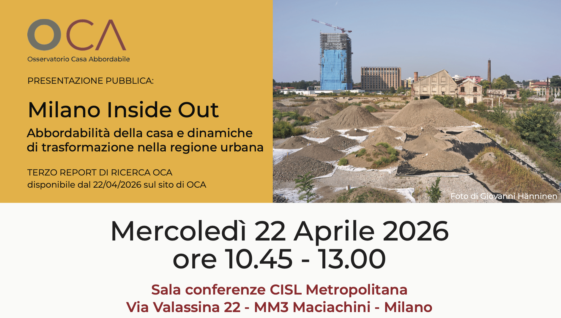 Presentazione Rapporto OCA 2026 – 22 Aprile 10.45 Sala CISL Metropolitana